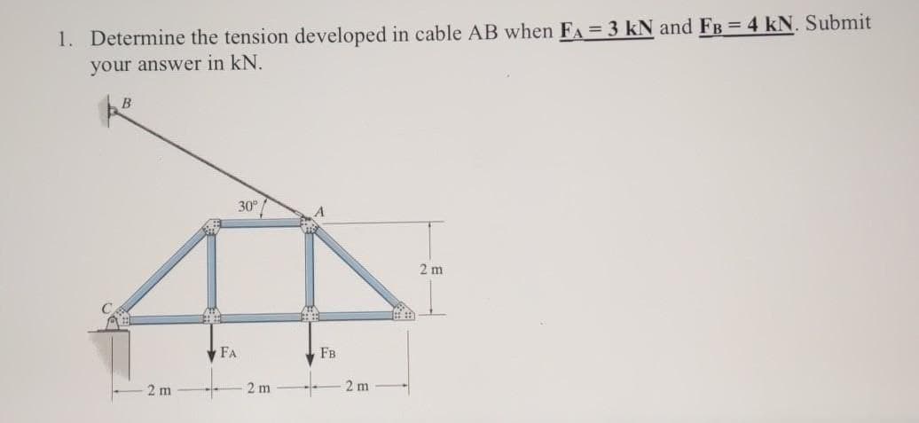 1. Determine the tension developed in cable AB when FA = 3 kN and FB = 4 kN. Submit
your answer in kN.
30°
2 m
yFA
FB
2 m
2 m
2 m
