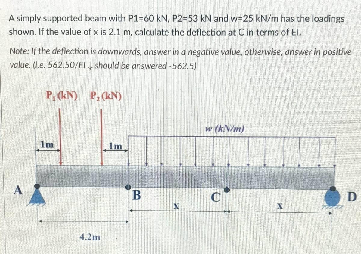 A simply supported beam with P1=60 kN, P2=53 kN and w-25 kN/m has the loadings
shown. If the value of x is 2.1 m, calculate the deflection at C in terms of El.
Note: If the deflection is downwards, answer in a negative value, otherwise, answer in positive
value. (i.e. 562.50/EI, should be answered -562.5)
P, (kN) P, (kN)
w (kN/m)
1m
1m
A
D
4.2m
