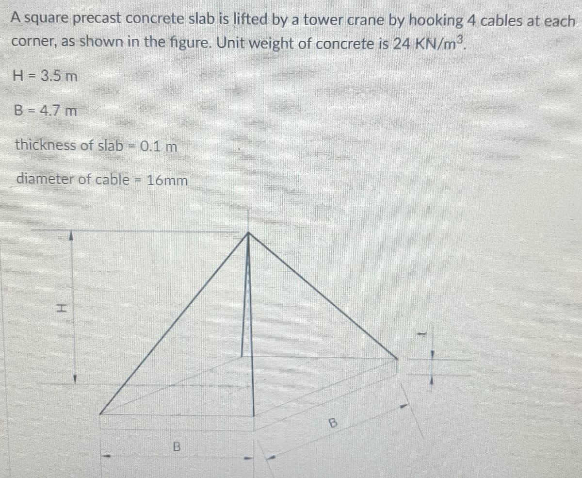 A square precast concrete slab is lifted by a tower crane by hooking 4 cables at each
corner, as shown in the figure. Unit weight of concrete is 24 KN/m.
H = 3.5 m
B 4.7 m
thickness of slab = 0.1 m
diameter of cable = 16mm
