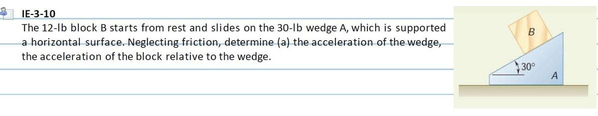 IE-3-10
The 12-lb block B starts from rest and slides on the 30-Ib wedge A, which is supported
a horizontal surface. Neglecting friction, determine (a) the acceleration of the wedge,
the acceleration of the block relative to the wedge.
B
30°
А
