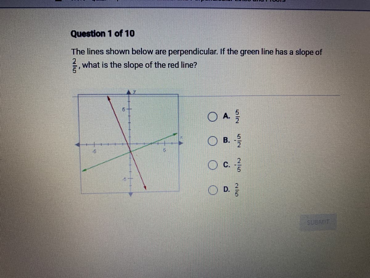 Question 1 of 10
The lines shown below are perpendicular. If the green line has a slope of
what is the slope of the red line?
1445
5
OA /
OB. -5/2
O C. - / /
01|N
SUBMIT