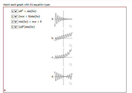 Match each graph with it's equation type:
v ab + sin(5z)
v (mz + b)sin(5z)
dv sin(5z) + mz +b
v (ab" )sin(5z)
d.
