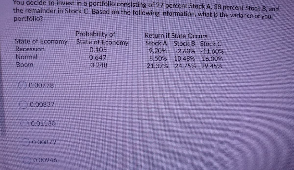 You decide to invest in a portfolio consisting of 27 percent Stock A, 38 percent Stock B, and
the remainder in Stock C. Based on the following information, what is the variance of your
portfolio?
State of Economy
Recession
Normal
Probability of
State of Economy
0.105
0.647
Return if State Occurs
Stock A Stock B Stock C
-2.60%
10.48%
21.37% 24.75% 29.45%
-9.20%
8.50%
-11.60%
16.00%
Boom
0.248
0.00778
0.00837
€30.01130
0.00879
0.00946
