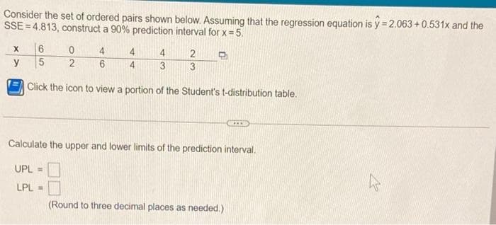 Consider the set of ordered pairs shown below. Assuming that the regression equation is y=2.063 +0.531x and the
SSE=4.813, construct a 90% prediction interval for x = 5.
X
y
6
5
0
2
4
6
4
4
4
3
2 D
3
Click the icon to view a portion of the Student's t-distribution table.
GOL
Calculate the upper and lower limits of the prediction interval.
UPL =
LPL =
(Round to three decimal places as needed.)
M