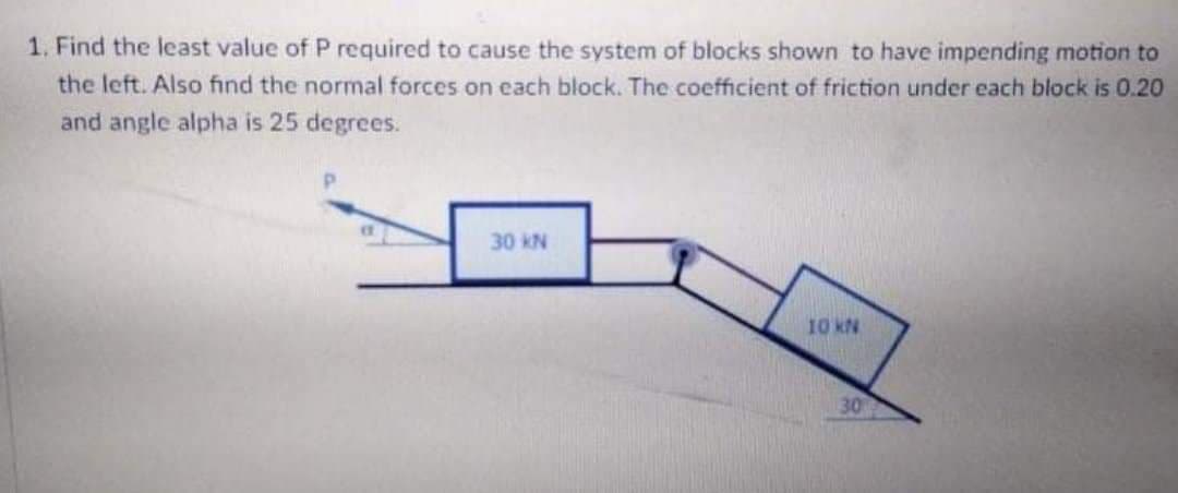 1. Find the least value of P required to cause the system of blocks shown to have impending motion to
the left. Also find the normal forces on each block. The coefficient of friction under each block is 0.20
and angle alpha is 25 degrees.
30 kN
10 kN
30
