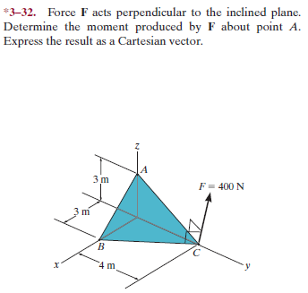 *3-32. Force F acts perpendicular to the inclined plane.
Determine the moment produced by F about point A.
Express the result as a Cartesian vector.
F = 400 N
4 m.
