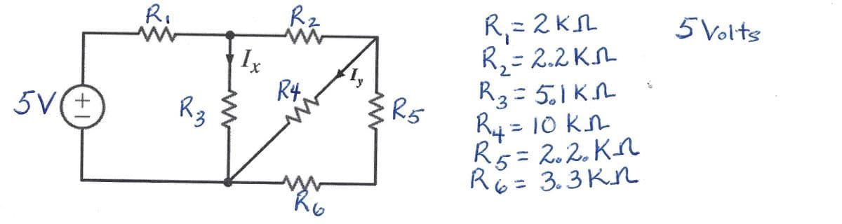 5V(+
R₁
R3
Ix
R₂
W
R4.
RO
R5
R₁ = 2K₁L
R₁₂ = 2.2K₁L
R3=501KL
R₁=10kn
R₁5 = 2.2. Kn
R6 = 3.3Kn
5 Volts