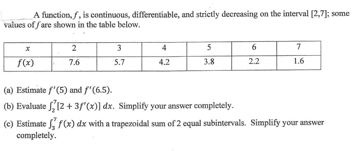 A function, f, is continuous, differentiable, and strictly decreasing on the interval [2,7]; some
values of fare shown in the table below.
f(x)
2
7.6
3
5.7
4
4.2
5
3.8
6
2.2
7
1.6
(a) Estimate f'(5) and f'(6.5).
(b) Evaluate √ [2 + 3ƒ'(x)] dx. Simplify your answer completely.
(c) Estimate f f(x) dx with a trapezoidal sum of 2 equal subintervals. Simplify your answer
completely.