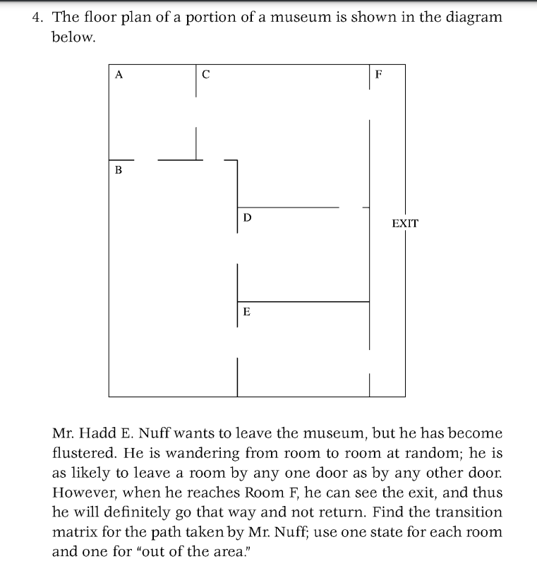 4. The floor plan of a portion of a museum is shown in the diagram
below.
A
B
с
D
E
F
EXIT
Mr. Hadd E. Nuff wants to leave the museum, but he has become
flustered. He is wandering from room to room at random; he is
as likely to leave a room by any one door as by any other door.
However, when he reaches Room F, he can see the exit, and thus
he will definitely go that way and not return. Find the transition
matrix for the path taken by Mr. Nuff; use one state for each room
and one for "out of the area."