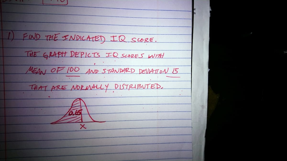 D FIND THE INDICATED IQSORE.
THE GRAPH DEPICTS IQ SCORES WIH
MEAN OF 10O AND STANDARD DEVIATION 15
THAT ARE NORNALY DISTRIBUTED.
o.65
