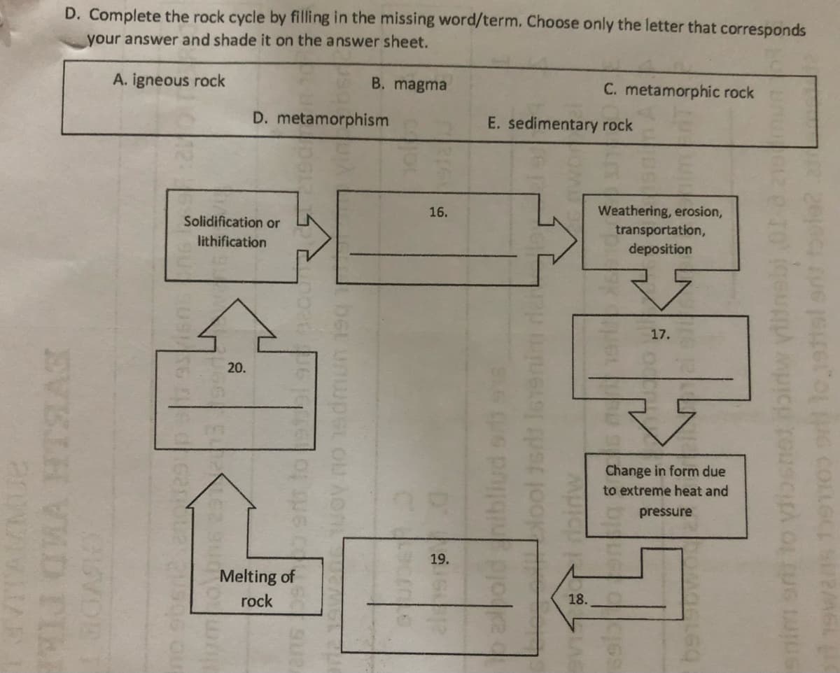 D. Complete the rock cycle by filling in the missing word/term. Choose only the letter that corresponds
your answer and shade it on the answer sheet.
A. igneous rock
B. magma
C. metamorphic rock
D. metamorphism
E. sedimentary rock
Weathering, erosion,
transportation,
deposition
16.
Solidification or
lithification
17.
20.
Change in form due
to extreme heat and
pressure
19.
Melting of
rock
18.
VITAMMUE
oMA HTSAG
bet unwpst OU Aon
opoldnibliud ot ss
lool teds lovenim dar
enim sr to ydiosnot oidw yi
19wans eTIO loattsl ont toele?
TO
