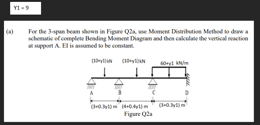 Y1 = 9
For the 3-span beam shown in Figure Q2a, use Moment Distribution Method to draw a
schematic of complete Bending Moment Diagram and then calculate the vertical reaction
at support A. EI is assumed to be constant.
(a)
(10+y1)kN
(10+y1) kN
60+y1 kN/m
A
B
D
(3+0.3y1) m'
(3+0.3y1) m" (4+0.4y1) m
Figure Q2a
