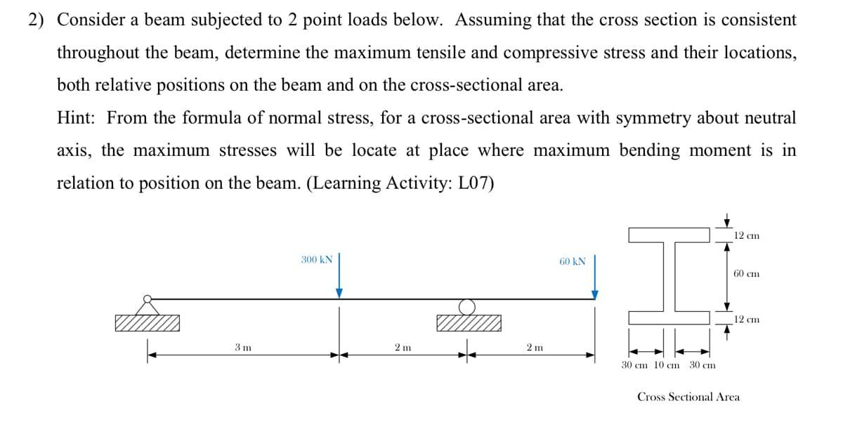 2) Consider a beam subjected to 2 point loads below. Assuming that the cross section is consistent
throughout the beam, determine the maximum tensile and compressive stress and their locations,
both relative positions on the beam and on the cross-sectional area.
Hint: From the formula of normal stress, for a cross-sectional area with symmetry about neutral
axis, the maximum stresses will be locate at place where maximum bending moment is in
relation to position on the beam. (Learning Activity: L07)
3 m
300 kN
2 m
+
2 m
60 KN
30 cm 10 cm 30 cm.
12 cm
60 cm
12 cm
Cross Sectional Area