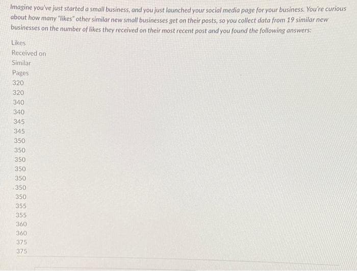 Imagine you've just started a small business, and you just launched your social media page for your business. You're curious
about how many "likes" other similar new small businesses get on their posts, so you collect data from 19 similar new
businesses on the number of likes they received on their most recent post and you found the following answers:
Likes
Received on
Similar
Pages
320
320
340
340
345
345
350
350
350
350
350
350
350
355
355
360
360
375
375