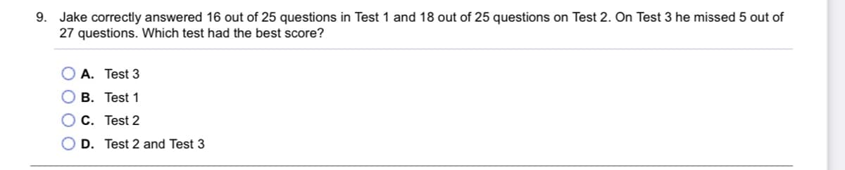 9. Jake correctly answered 16 out of 25 questions in Test 1 and 18 out of 25 questions on Test 2. On Test 3 he missed 5 out of
27 questions. Which test had the best score?
A. Test 3
B. Test 1
O C. Test 2
O D. Test 2 and Test 3
