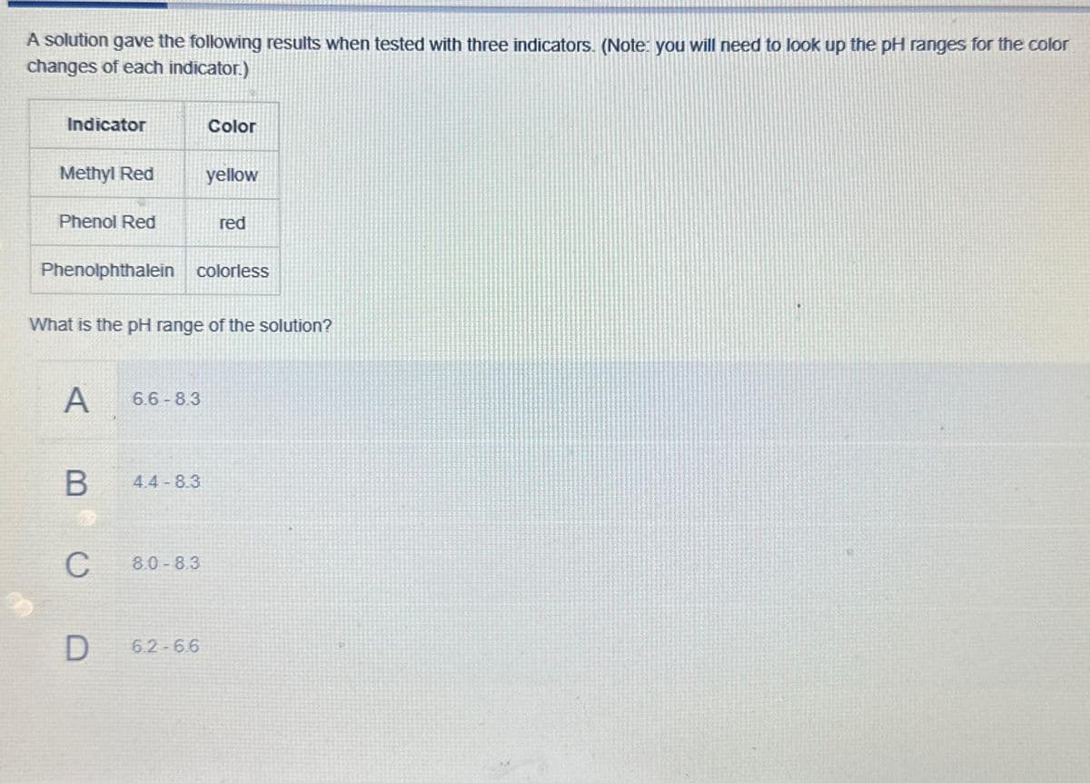 A solution gave the following results when tested with three indicators. (Note: you will need to look up the pH ranges for the color
changes of each indicator.)
Indicator
Methyl Red
Phenol Red
A
Phenolphthalein colorless
B
What is the pH range of the solution?
C
D
6.6-8.3
4.4-8.3
Color
8.0-8.3
yellow
6.2-6.6
red