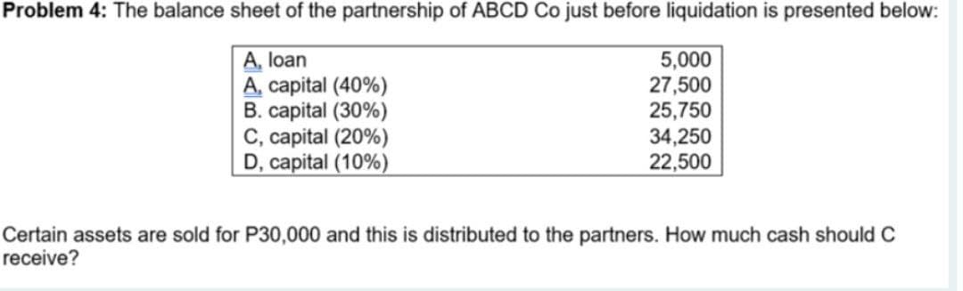 Problem 4: The balance sheet of the partnership of ABCD Co just before liquidation is presented below:
A, loan
5,000
27,500
A, capital (40%)
B. capital (30%)
HA
25,750
34,250
22,500
C, capital (20%)
D, capital (10%)
Certain assets are sold for P30,000 and this is distributed to the partners. How much cash should C
receive?