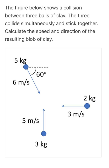 The figure below shows a collision
between three balls of clay. The three
collide simultaneously and stick together.
Calculate the speed and direction of the
resulting blob of clay.
5 kg
6 m/s
60°
5 m/s
3 kg
2 kg
3 m/s