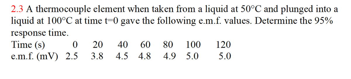 2.3 A thermocouple element when taken from a liquid at 50°C and plunged into a
liquid at 100°C at time t-0 gave the following e.m.f. values. Determine the 95%
response time.
Time (s)
e.m.f. (mV) 2.5
20
40
60
80
100
120
3.8
4.5 4.8
4.9 5.0
5.0
