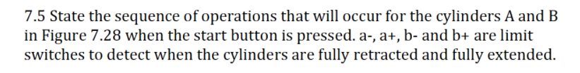 7.5 State the sequence of operations that will occur for the cylinders A and B
in Figure 7.28 when the start button is pressed. a-, a+, b- and b+ are limit
switches to detect when the cylinders are fully retracted and fully extended.
