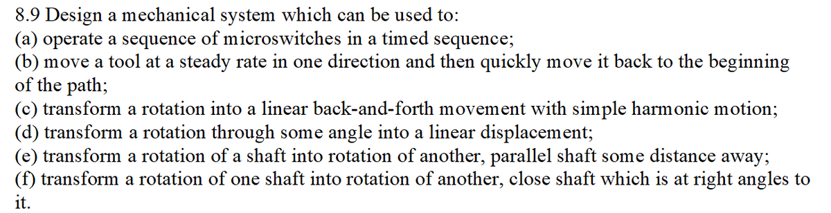 8.9 Design a mechanical system which can be used to:
(a) operate a sequence of microswitches in a timed sequence;
(b) move a tool at a steady rate in one direction and then quickly move it back to the beginning
of the path;
(c) transform a rotation into a linear back-and-forth movement with simple harmonic motion;
(d) transform a rotation through some angle into a linear displacement;
(e) transform a rotation of a shaft into rotation of another, parallel shaft some distance away;
(f) transform a rotation of one shaft into rotation of another, close shaft which is at right angles to
it.
