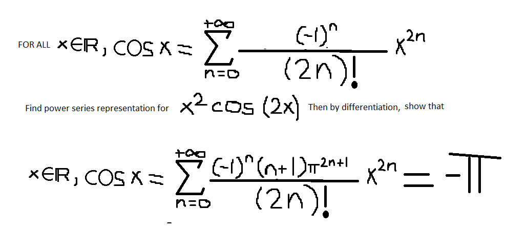 (-1)"
(2n)!
x2 cos (2x)
xER, COS X
FOR ALL
Find power series representation for
Then by differentiation, show that
(-1)^"(n+1)2n+|
(2n)!
xER, COS X
.2n
||
