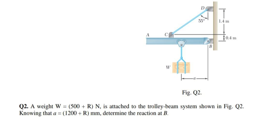 A
55°
W
1.4 m
$0.4 m
Fig. Q2.
Q2. A weight W = (500+ R) N, is attached to the trolley-beam system shown in Fig. Q2.
Knowing that a = (1200 + R) mm, determine the reaction at B.