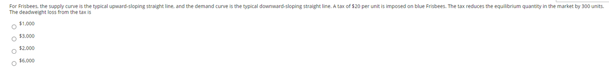 For Frisbees, the supply curve is the typical upward-sloping straight line, and the demand curve is the typical downward-sloping straight line. A tax of $20 per unit is imposed on blue Frisbees. The tax reduces the equilibrium quantity in the market by 300 units.
The deadweight loss from the tax is
$1,000
$3,000
$2,000
$6,000
