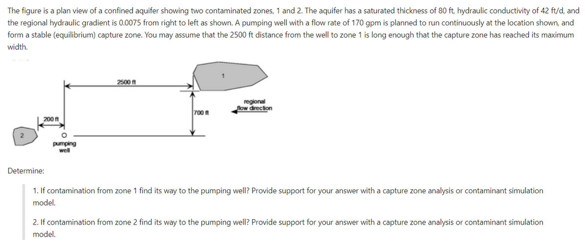 The figure is a plan view of a confined aquifer showing two contaminated zones, 1 and 2. The aquifer has a saturated thickness of 80 ft, hydraulic conductivity of 42 ft/d, and
the regional hydraulic gradient is 0.0075 from right to left as shown. A pumping well with a flow rate of 170 gpm is planned to run continuously at the location shown, and
form a stable (equilibrium) capture zone. You may assume that the 2500 ft distance from the well to zone 1 is long enough that the capture zone has reached its maximum
width.
2
200 ft
Determine:
pumping
well
2500 ft
700 ft
regional
flow direction
1. If contamination from zone 1 find its way to the pumping well? Provide support for your answer with a capture zone analysis or contaminant simulation
model.
2. If contamination from zone 2 find its way to the pumping well? Provide support for your answer with a capture zone analysis or contaminant simulation
model.