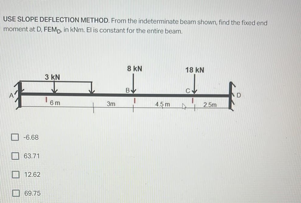 USE SLOPE DEFLECTION METHOD. From the indeterminate beam shown, find the fixed end
moment at D, FEMD, in kNm. El is constant for the entire beam.
8 kN
18 kN
3 kN
B
D
16m
3m
4.5m
to 2.5m
-6.68
63.71
12.62
69.75
