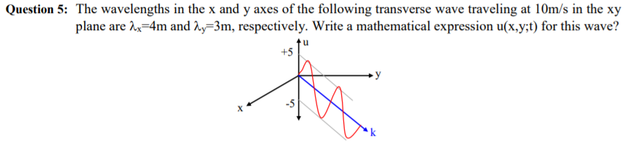 Question 5: The wavelengths in the x and y axes of the following transverse wave traveling at 10m/s in the xy
plane are x=4m and 2y=3m, respectively. Write a mathematical expression u(x,y;t) for this wave?
u
+5
y
