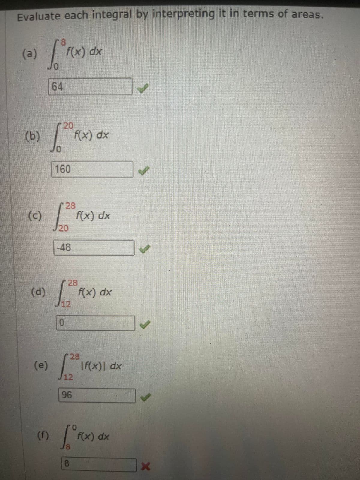 Evaluate each integral by interpreting it in terms of areas.
(a) f(x) dx
(b)
(c)
(d)
Jo
[20⁰ F(x) dx
Jo
160
(e)
64
(f)
28
[2ª
J20
-48
28
[2º F(x) dx
J12
10
f(x) dx
J12
96
8
28
If(x) dx
f(x) dx
✓
Iv
X