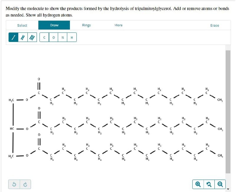 Modify the molecule to show the products formed by the hydrolysis of tripalmitoylglycerol. Add or remove atoms or bonds
as needed. Show all hydrogen atoms.
H₂C
HC
H₂C
Select
10
Ji
-
с
Draw
US
ON
H
وں
Rings
US
More
UI
H₂
EU
H₂
EU
H₂
EU
Erase
-
CH₂
CH₂
CH₂