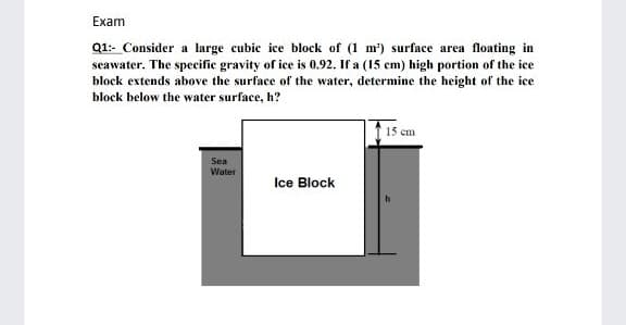 Exam
Q1: Consider a large cubie ice block of (1 m') surface area floating in
seawater. The specifie gravity of ice is 0.92. If a (15 cm) high portion of the ice
block extends above the surface of the water, determine the height of the ice
block below the water surface, h?
15 cm
Sea
Water
Ice Block
