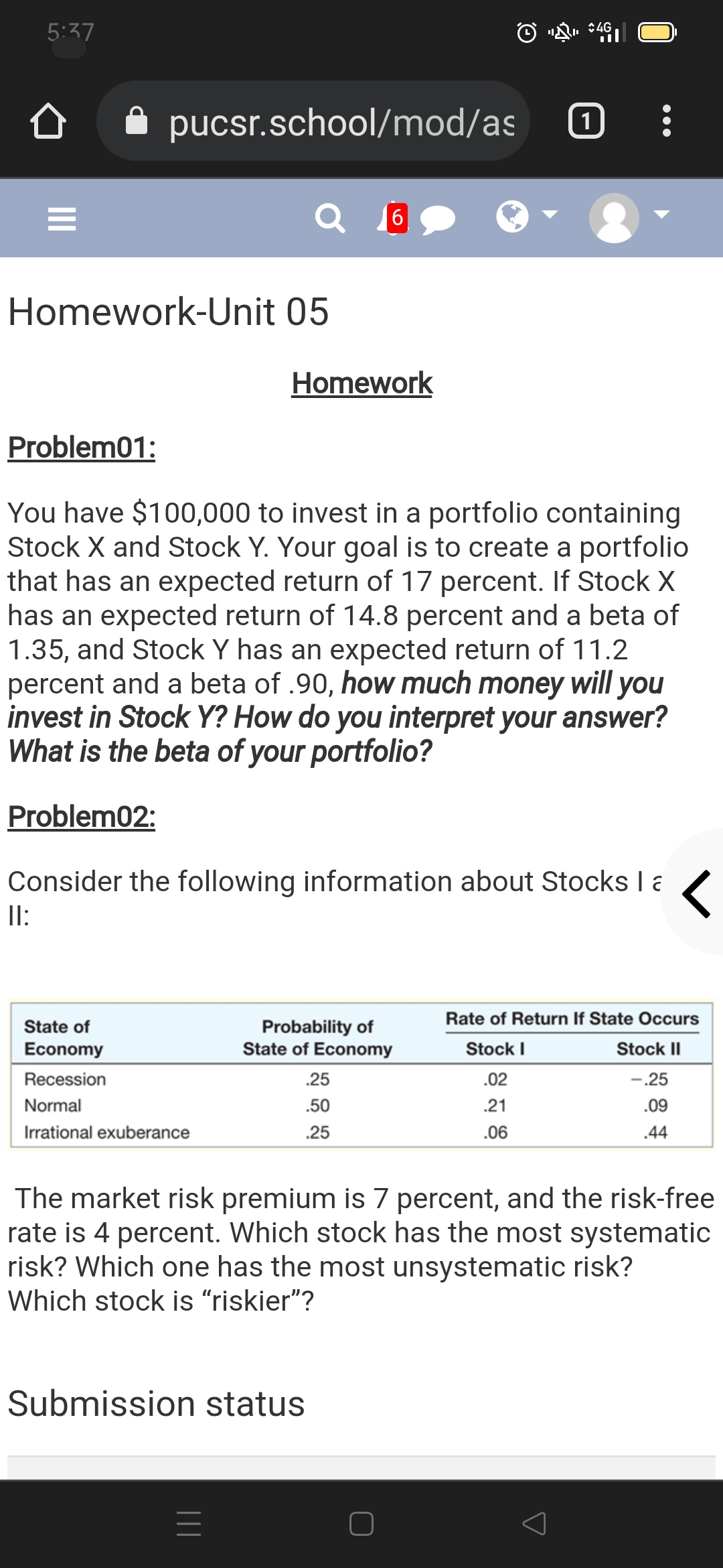 5:37
:4G
pucsr.school/mod/as
1
Homework-Unit 05
Homework
Problem01:
You have $100,000 to invest in a portfolio containing
Stock X and Stock Y. Your goal is to create a portfolio
that has an expected return of 17 percent. If Stock X
has an expected return of 14.8 percent and a beta of
1.35, and Stock Y has an expected return of 11.2
percent and a beta of .90, how much money will you
invest in Stock Y? How do you interpret your answer?
What is the beta of your portfolio?
Problem02:
Consider the following information about Stocks I a
II:
Rate of Return If State Occurs
State of
Probability of
State of Economy
Economy
Stock I
Stock II
Recession
.25
.02
-.25
Normal
.50
.21
.09
Irrational exuberance
.25
.06
.44
The market risk premium is 7 percent, and the risk-free
rate is 4 percent. Which stock has the most systematic
risk? Which one has the most unsystematic risk?
Which stock is “riskier"?
Submission status
