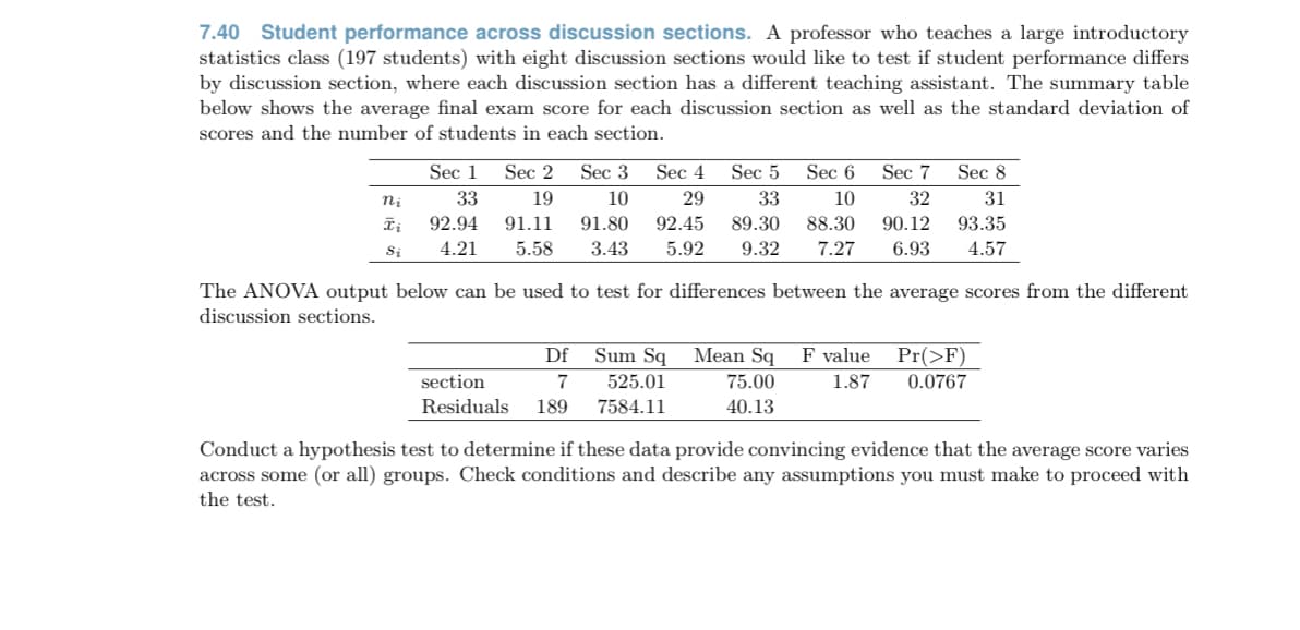 7.40 Student performance across discussion sections. A professor who teaches a large introductory
statistics class (197 students) with eight discussion sections would like to test if student performance differs
by discussion section, where each discussion section has a different teaching assistant. The summary table
below shows the average final exam score for each discussion section as well as the standard deviation of
scores and the number of students in each section.
Sec 1
Sec 2
Sec 3
Sec 4
Sec 5
Sec 6
Sec 7
Sec 8
ni
33
19
10
29
33
10
32
31
92.94
91.11
91.80
92.45
89.30
88.30
90.12
93.35
Si
4.21
5.58
3.43
5.92
9.32
7.27
6.93
4.57
The ANOVA output below can be used to test for differences between the average scores from the different
discussion sections.
F value
Pr(>F)
0.0767
Df
Sum Sq Mean Sq
section
7
525.01
75.00
1.87
Residuals
189
7584.11
40.13
Conduct a hypothesis test to determine if these data provide convincing evidence that the average score varies
across some (or all) groups. Check conditions and describe any assumptions you must make to proceed with
the test.
