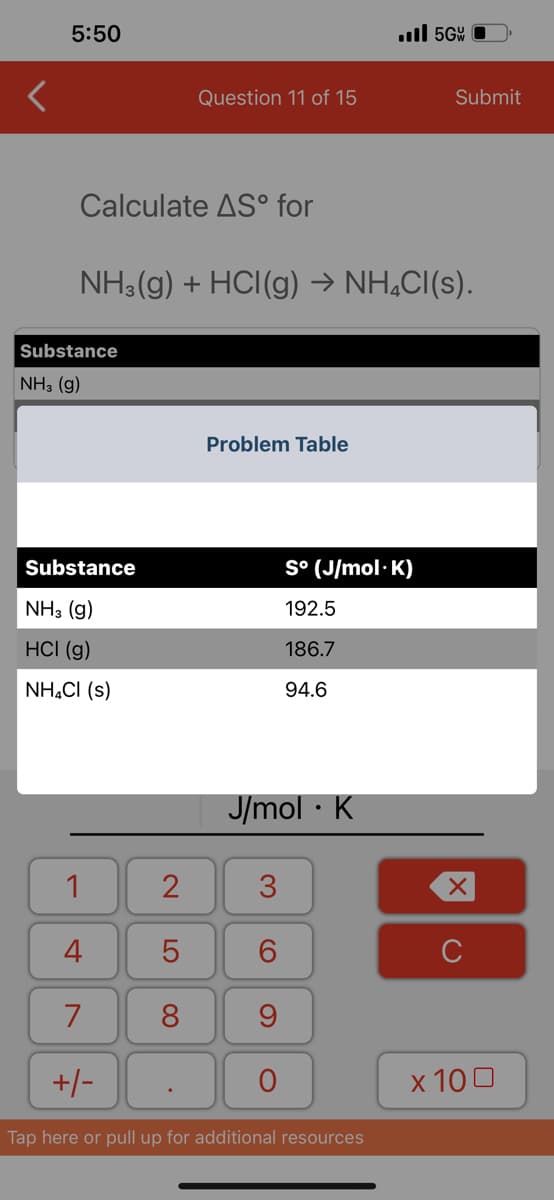 5:50
Calculate AS° for
Substance
NH3(g)
Substance
NH3(g) + HCl(g) → NH₂Cl(s).
NH3(g)
HCI (g)
NH₂Cl (s)
Question 11 of 15
1
4
7
+/-
2
5
8
Problem Table
J/mol K
3
6
9
O
..ll 5Gv
S° (J/mol.K)
192.5
186.7
94.6
Tap here or pull up for additional resources
Submit
X
с
x 100