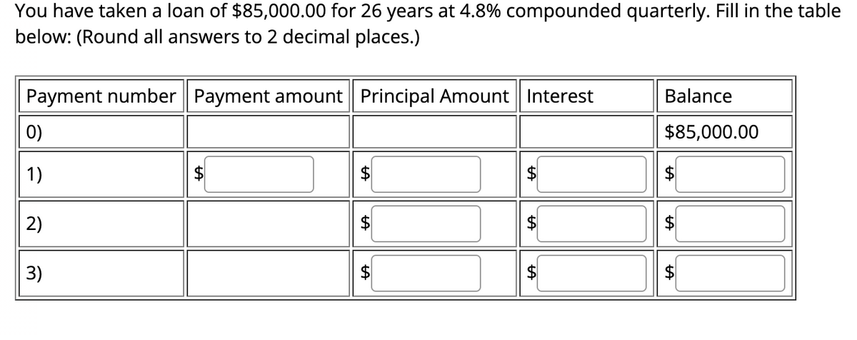 You have taken a loan of $85,000.00 for 26 years at 4.8% compounded quarterly. Fill in the table
below: (Round all answers to 2 decimal places.)
Payment number | Payment amount Principal Amount | Interest
0)
1)
2)
3)
tA
LA
LA
LA
LA
Balance
$85,000.00
tA