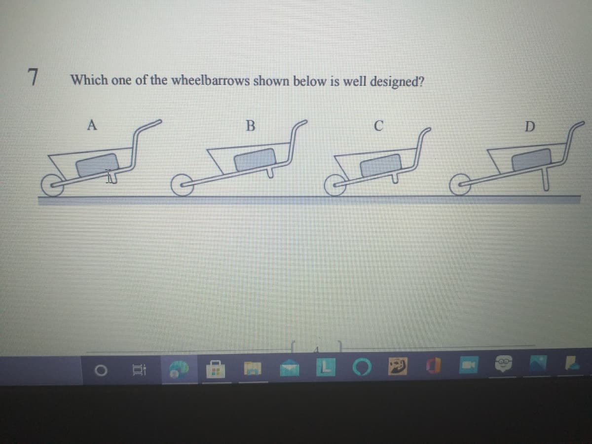 Which one of the wheelbarrows shown below is well designed?
A
