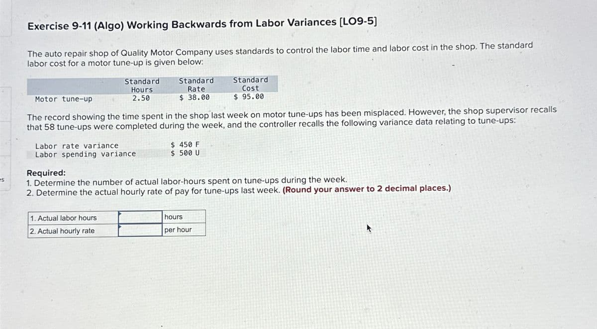 Exercise 9-11 (Algo) Working Backwards from Labor Variances [LO9-5]
The auto repair shop of Quality Motor Company uses standards to control the labor time and labor cost in the shop. The standard
labor cost for a motor tune-up is given below:
Motor tune-up
Standard
Hours
2.50
Standard
Rate
$ 38.00
Standard
Cost
$ 95.00
The record showing the time spent in the shop last week on motor tune-ups has been misplaced. However, the shop supervisor recalls
that 58 tune-ups were completed during the week, and the controller recalls the following variance data relating to tune-ups:
Labor rate variance
$ 450 F
Labor spending variance
$ 500 U
Required:
1. Determine the number of actual labor-hours spent on tune-ups during the week.
2. Determine the actual hourly rate of pay for tune-ups last week. (Round your answer to 2 decimal places.)
1. Actual labor hours
2. Actual hourly rate
hours
per hour