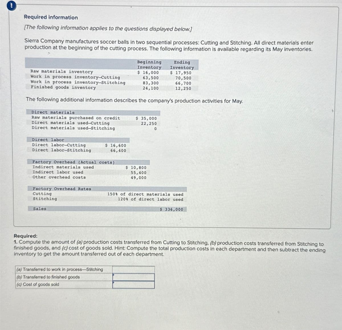 Required information
[The following information applies to the questions displayed below.]
Sierra Company manufactures soccer balls in two sequential processes: Cutting and Stitching. All direct materials enter
production at the beginning of the cutting process. The following information is available regarding its May inventories.
Raw materials inventory
Work in process inventory-Cutting
Work in process inventory-Stitching
Finished goods inventory
Direct materials
Raw materials purchased on credit
Direct materials used-Cutting
Direct materials used-Stitching
The following additional information describes the company's production activities for May.
Direct labor
Direct labor-Cutting
Direct labor-Stitching
Factory Overhead (Actual costs)
Indirect materials used
Indirect labor used
Other overhead costs
Factory Overhead Rates
Cutting
Stitching
Sales
$ 16,600
66,400
Beginning
Inventory
$ 16,000
63,500
83,300
24,100
(a) Transferred to work in process-Stitching
(b) Transferred to finished goods
(c) Cost of goods sold
$ 35,000
22,250
0
Ending
Inventory
$ 17,950
70,500
66,700
12,250
$ 10,800
55,400
49,000
150% of direct materials used
120% of direct labor used
$ 336,000
Required:
1. Compute the amount of (a) production costs transferred from Cutting to Stitching, (b) production costs transferred from Stitching to
finished goods, and (c) cost of goods sold. Hint: Compute the total production costs in each department and then subtract the ending
inventory to get the amount transferred out of each department.