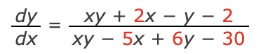 dy
dx
=
xy + 2x - y-2
xy − 5x + 6y – 30