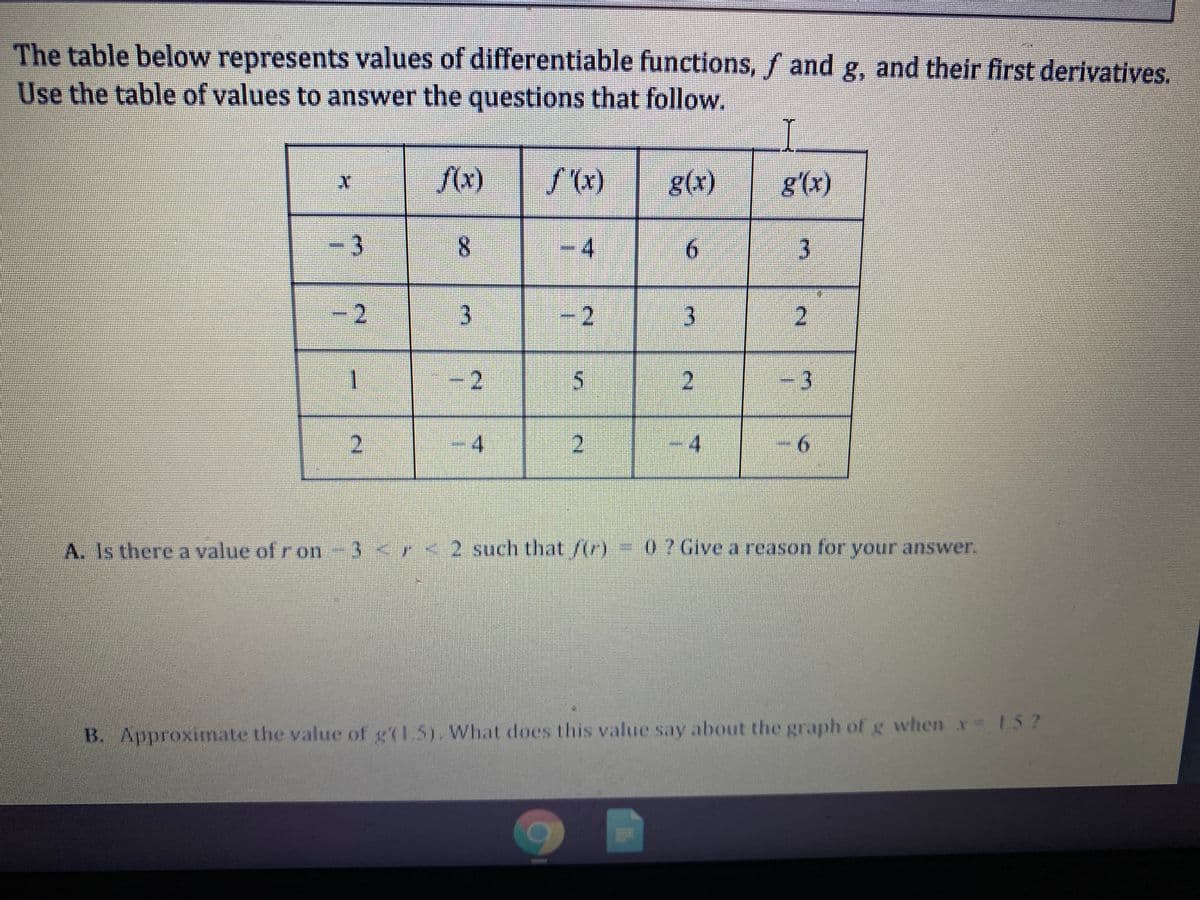 The table below represents values of differentiable functions, f and g, and their first derivatives.
Use the table of values to answer the questions that follow.
/(x)
S'(x)
g(x)
g'(x)
8.
4
3
-
-2
3.
%3D
-2
2
2.
9.
A. Is there a value of ron
r 2 such that /(r)
07 Give a reason for your answer.
B. Approximate the value of gY1.5). What does this value say about the graph of g when x 15 ?
