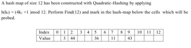 A hash map of size 12 has been constructed with Quadratic-Hashing by applying
h(k) = (4ks +1 )mod 12. Perform Find(12) and mark in the hash-map below the cells which will be
probed.
Index 0 12 3 4 5 6 789 10 11 12
Value 3 44
36 11| 43
