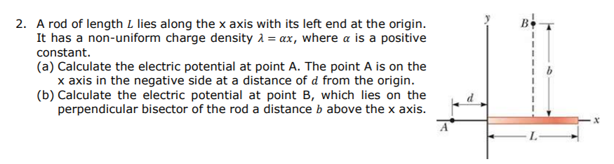 A rod of length L lies along the x axis with its left end at the origin.
B
It has a non-uniform charge density 1 = ax, where a is a positive
constant.
(a) Calculate the electric potential at point A. The point A is on the
x axis in the negative side at a distance of d from the origin.
(b) Calculate the electric potential at point B, which lies on the
perpendicular bisector of the rod a distance b above the x axis.
A
