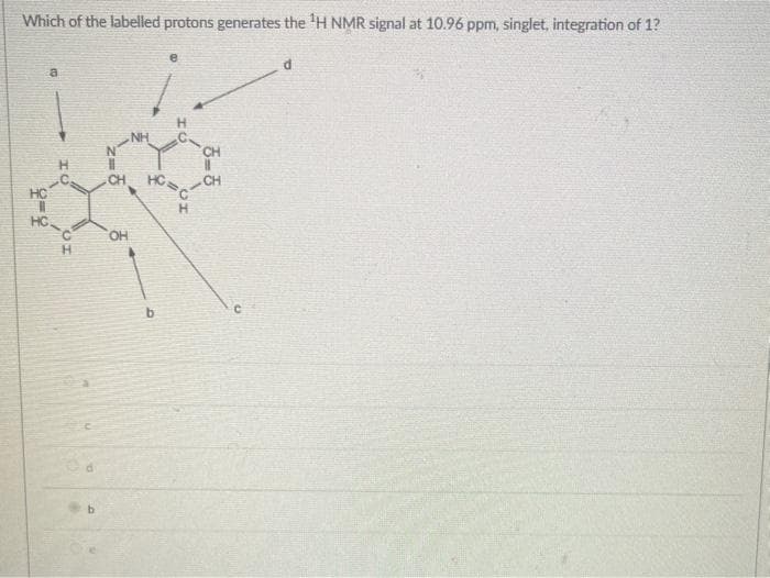 Which of the labelled protons generates the 'H NMR signal at 10.96 ppm, singlet, integration of 1?
HC
HC
a
H
C
CH
N
CH
OH
NH
H
HO=0
b
H
CH
어
CH
С