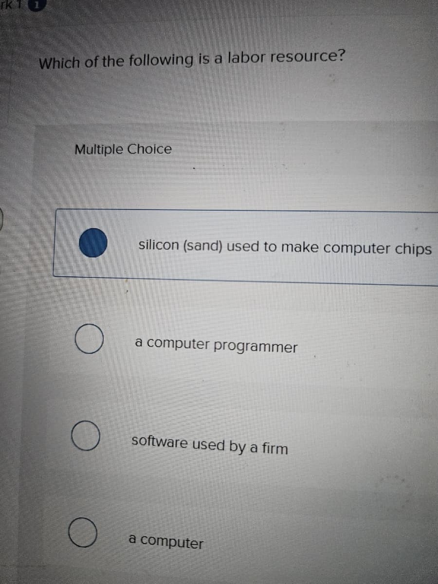 Which of the following is a labor resource?
Multiple Choice
silicon (sand) used to make computer chips
a computer programmer
software used by a firm
a computer