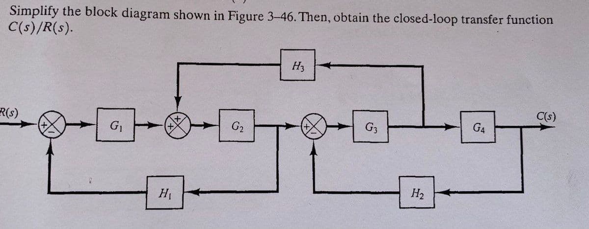 Simplify the block diagram shown in Figure 3-46. Then, obtain the closed-loop transfer function
C(s)/R(s).
H3
R(s)
C(s)
podoputo
G₁
G₂
G3
G4
H₁
H₂