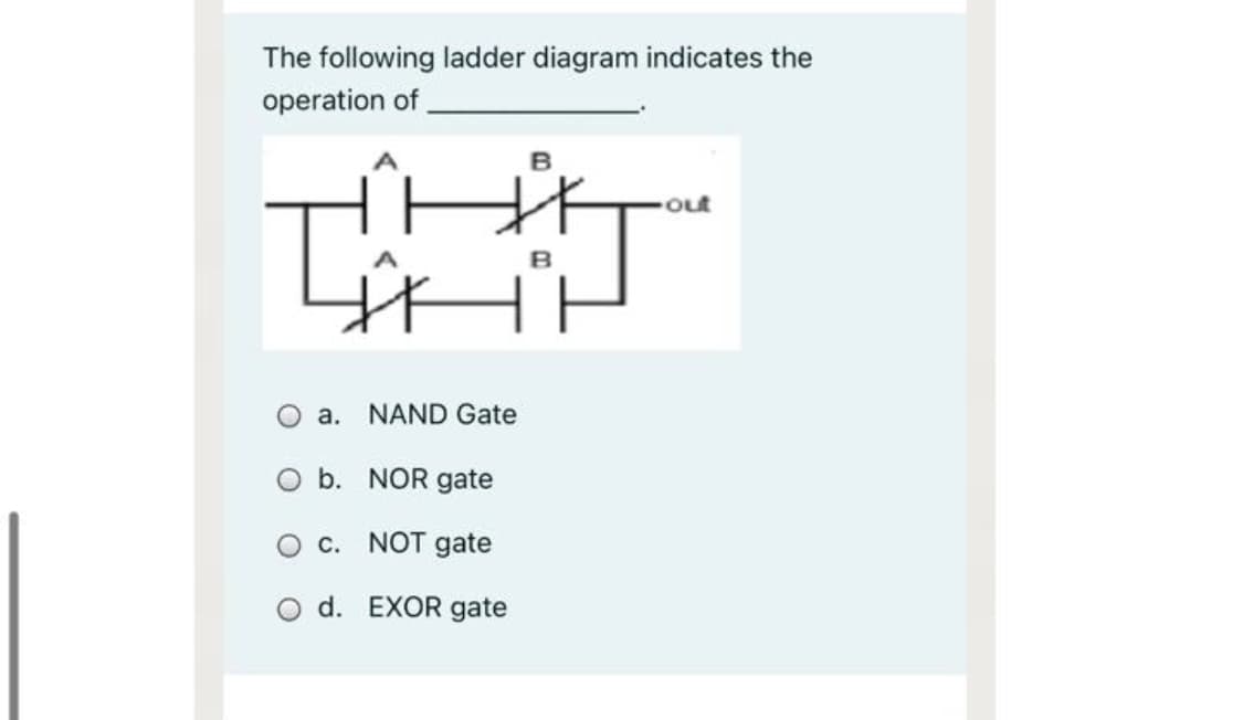 The following ladder diagram indicates the
operation of
out
B
a. NAND Gate
O b. NOR gate
O c.
NOT gate
O d. EXOR gate
