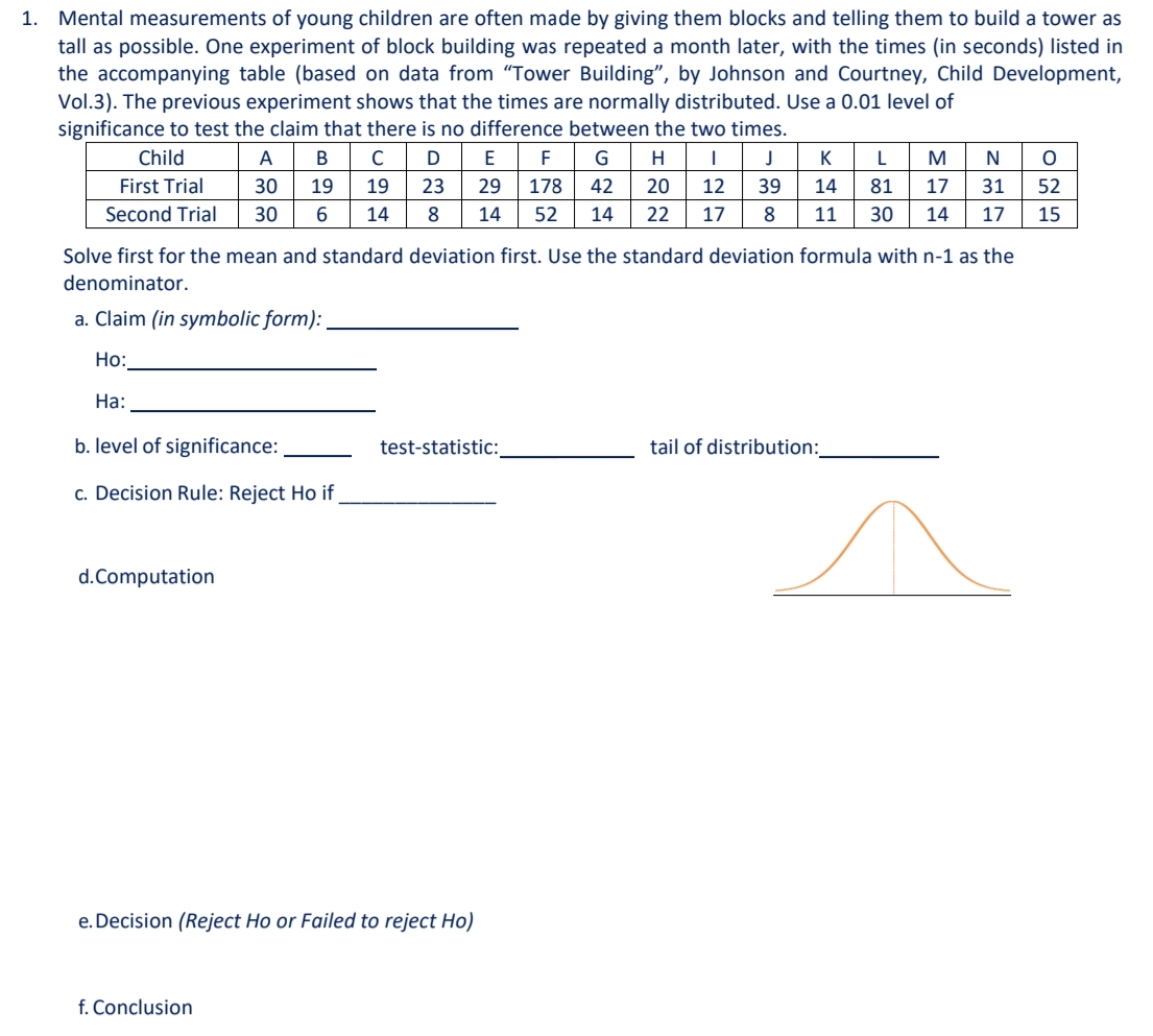 1. Mental measurements of young children are often made by giving them blocks and telling them to build a tower as
tall as possible. One experiment of block building was repeated a month later, with the times (in seconds) listed in
the accompanying table (based on data from "Tower Building", by Johnson and Courtney, Child Development,
Vol.3). The previous experiment shows that the times are normally distributed. Use a 0.01 level of
significance to test the claim that there is no difference between the two times.
Child
A
В
C
E
F
G
H
K
L
M
First Trial
30
19
19
23
29
178
42
20
12
39
14
81
17
31
52
Second Trial
30
14
8
14
52
14
22
17
8
11
30
14
17
15
Solve first for the mean and standard deviation first. Use the standard deviation formula with n-1 as the
denominator.
a. Claim (in symbolic form):
Ho:
На:
b. level of significance:
test-statistic:
tail of distribution:
c. Decision Rule: Reject Ho if
d.Computation
e. Decision (Reject Ho or Failed to reject Ho)
f. Conclusion
